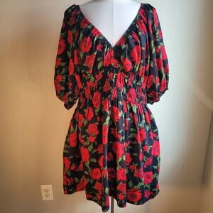 OLD NAVY Sz XL Red Roses Black Vee Neck Puff Sleeve Waist Defined Mini Dress